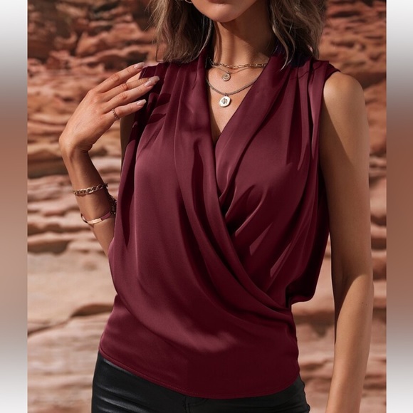 Luxe Satin Classic Ruched Overlap Sleeveless Office Work Top Blouse Shirt GREEN - Picture 16 of 16